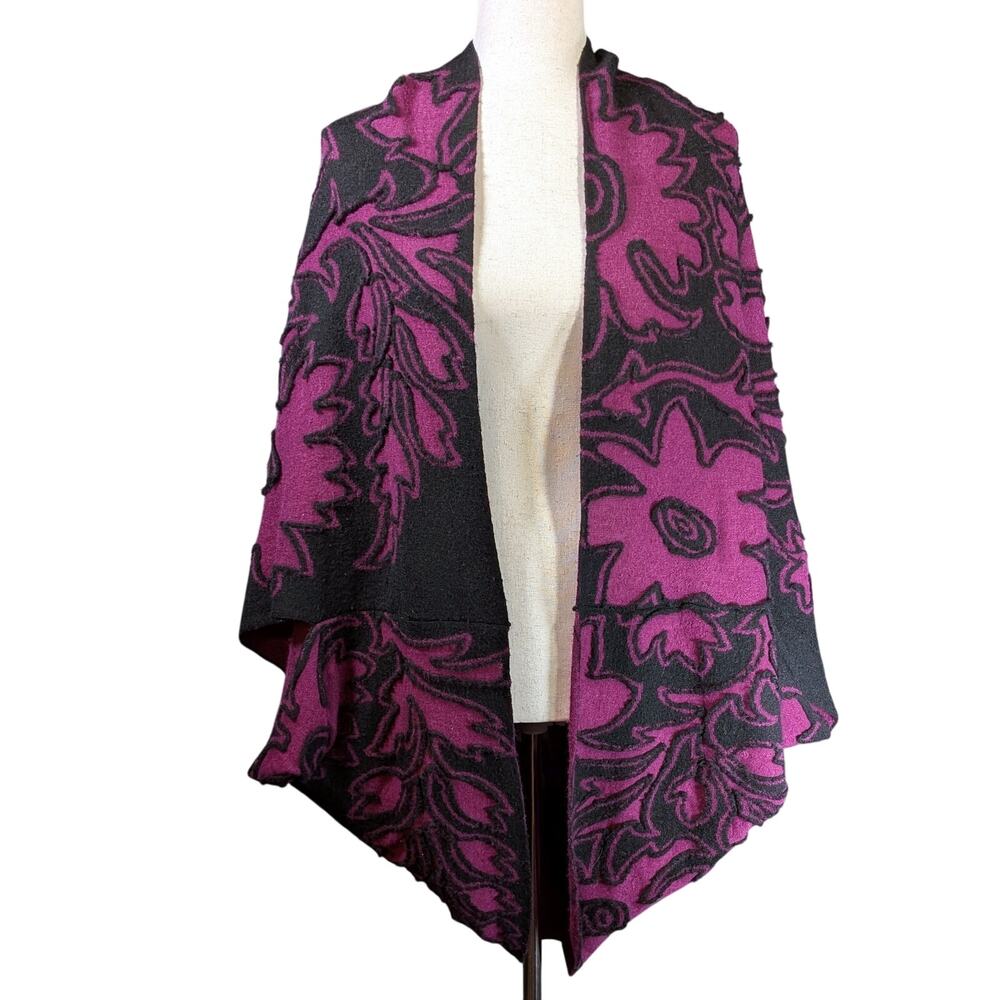 Peruvian Connection Baby Alpaca Purple Black Floral Shrug Cardigan Sweater OS